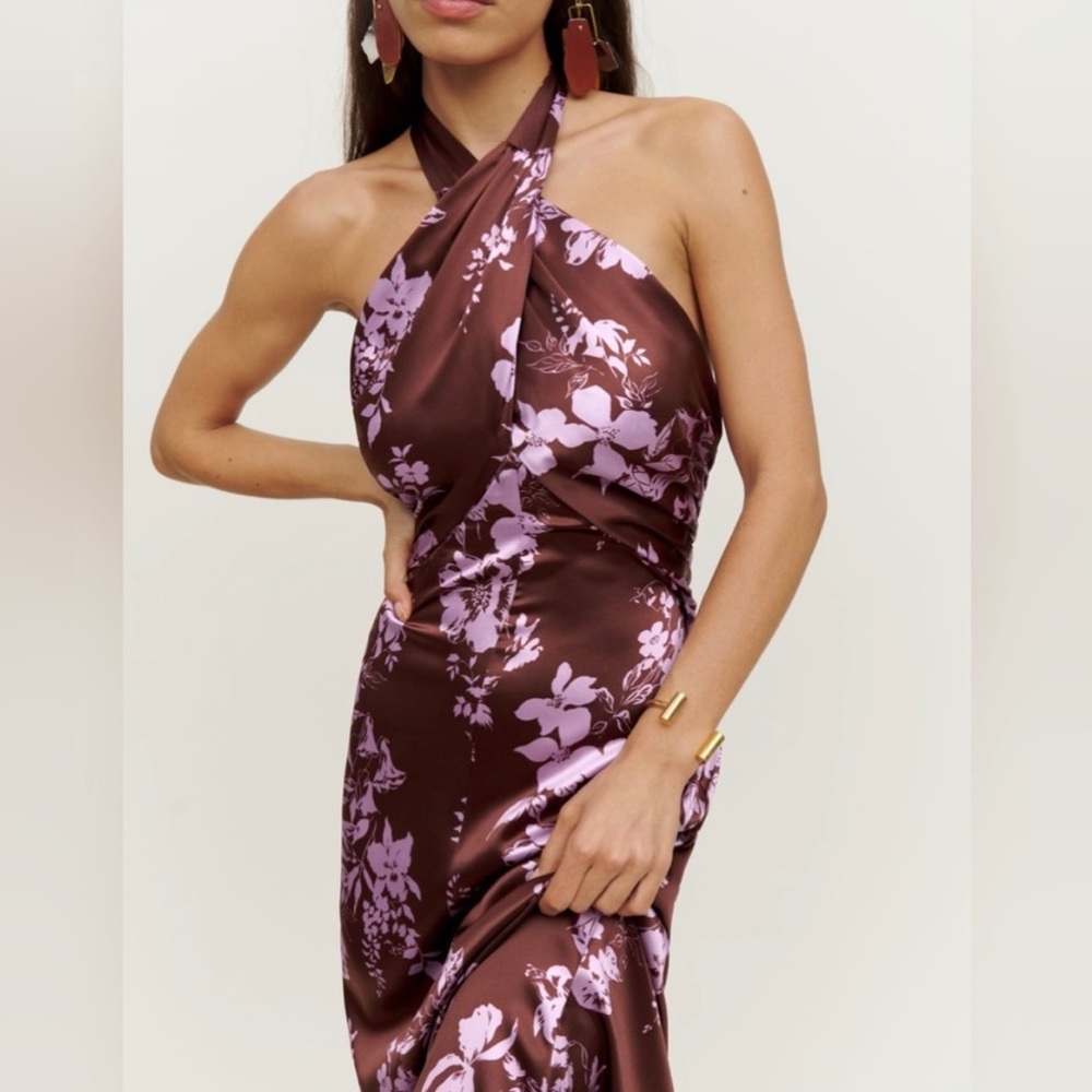 Reformation 100% Silk Brown Pink Halter dress